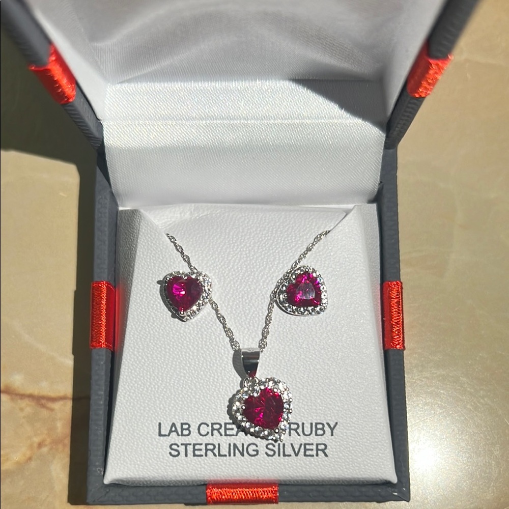 Sterling Silver Heart Jewelry Set with Lab Created Ruby